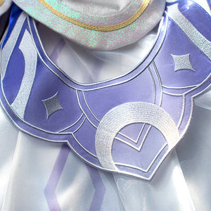 Columbina cosplay costume neckline with silver embroidery and purple fabric with star accents