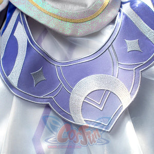 Columbina cosplay costume neckline with silver embroidery and purple fabric with star accents