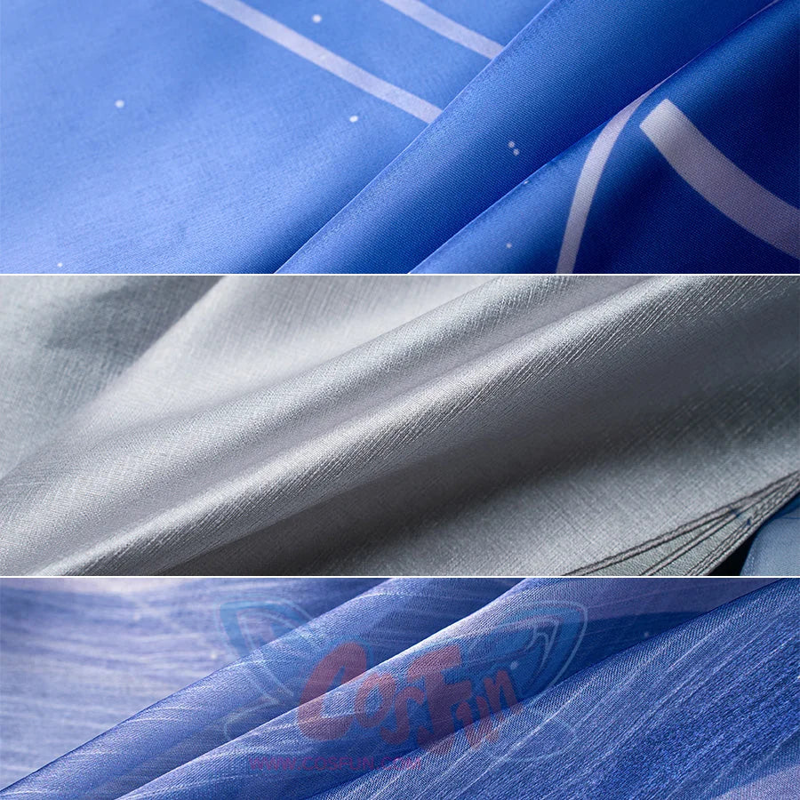 Genshin Impact Columbina cosplay fabric sets light blue patterned print beside silver-toned and sheer pleated material.