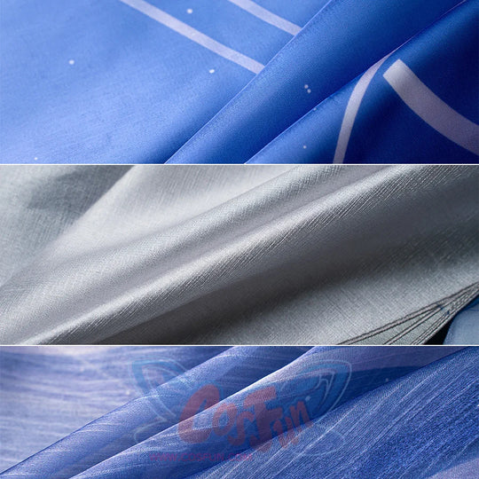 Genshin Impact Columbina cosplay fabric sets light blue patterned print beside silver-toned and sheer pleated material.