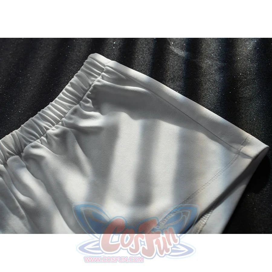 Genshin Impact Columbina cosplay short leggings center a clean white elastic waistband above a straight hemline.