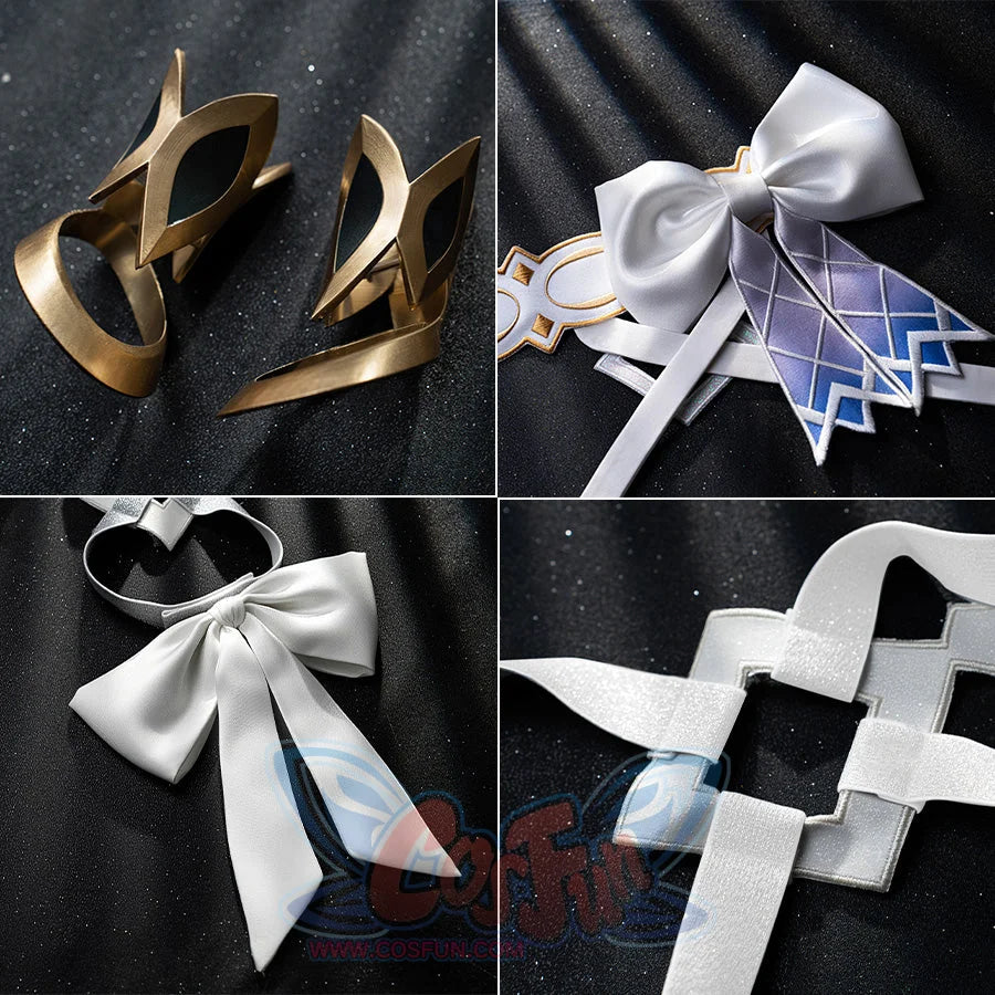 Genshin Impact Columbina cosplay accessories arrange gold angular bracelets alongside satin bows and woven straps.