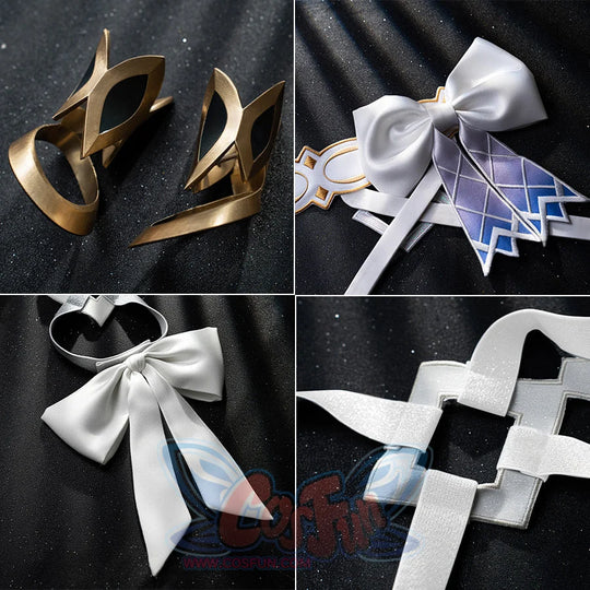 Genshin Impact Columbina cosplay accessories arrange gold angular bracelets alongside satin bows and woven straps.