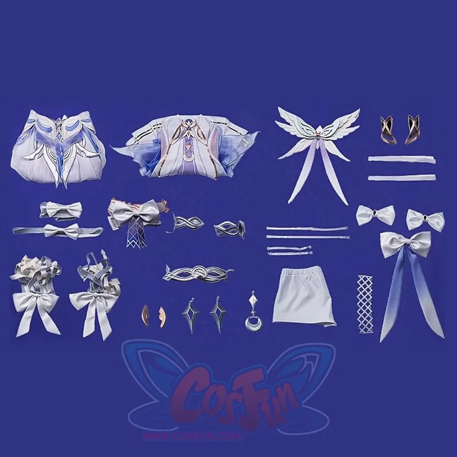 Genshin Impact Columbina cosplay costume set gathers garment halves alongside bow pieces, hair clips, and arm accessories.