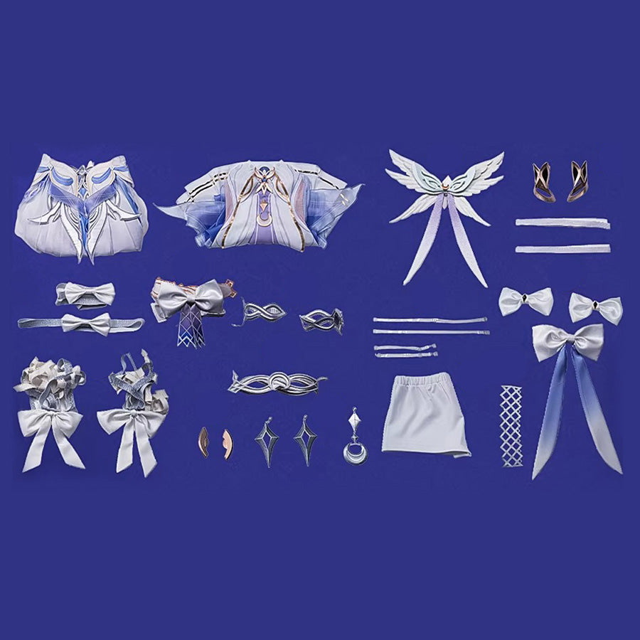 Complete Columbina cosplay costume set layout showing all pieces