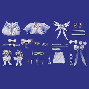 Complete Columbina cosplay costume set layout showing all pieces