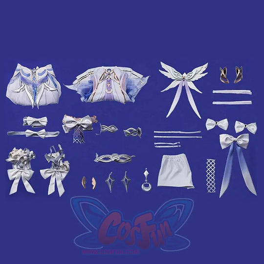 Genshin Impact Columbina cosplay costume set gathers garment halves alongside bow pieces, hair clips, and arm accessories.