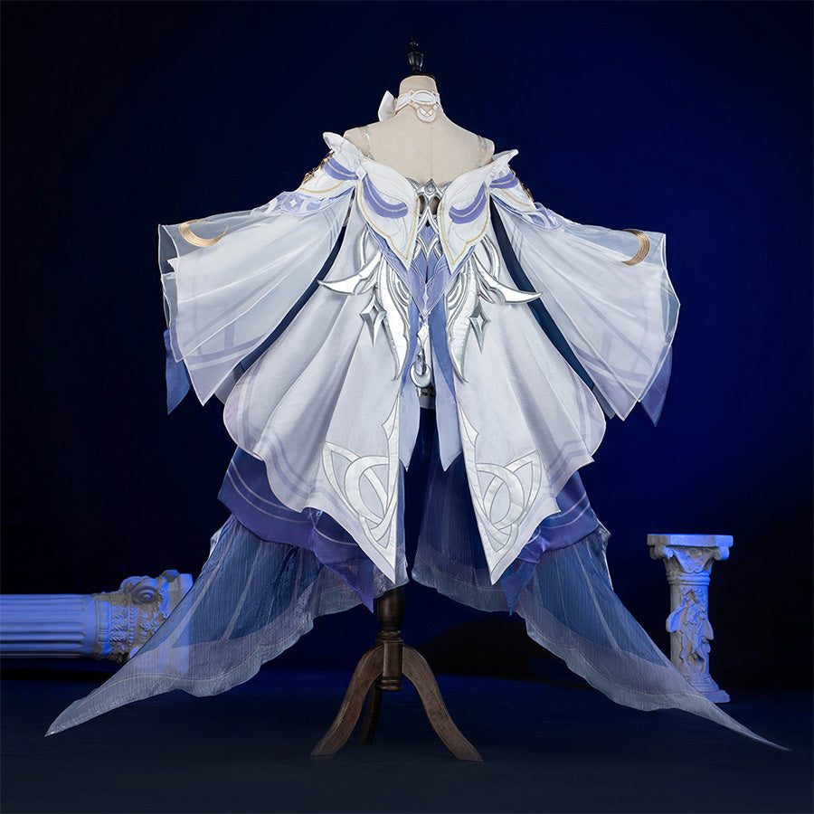 Back view of Columbina cosplay costume with ethereal white and blue layered cape design