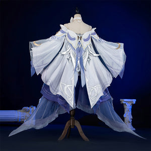 Back view of Columbina cosplay costume with ethereal white and blue layered cape design