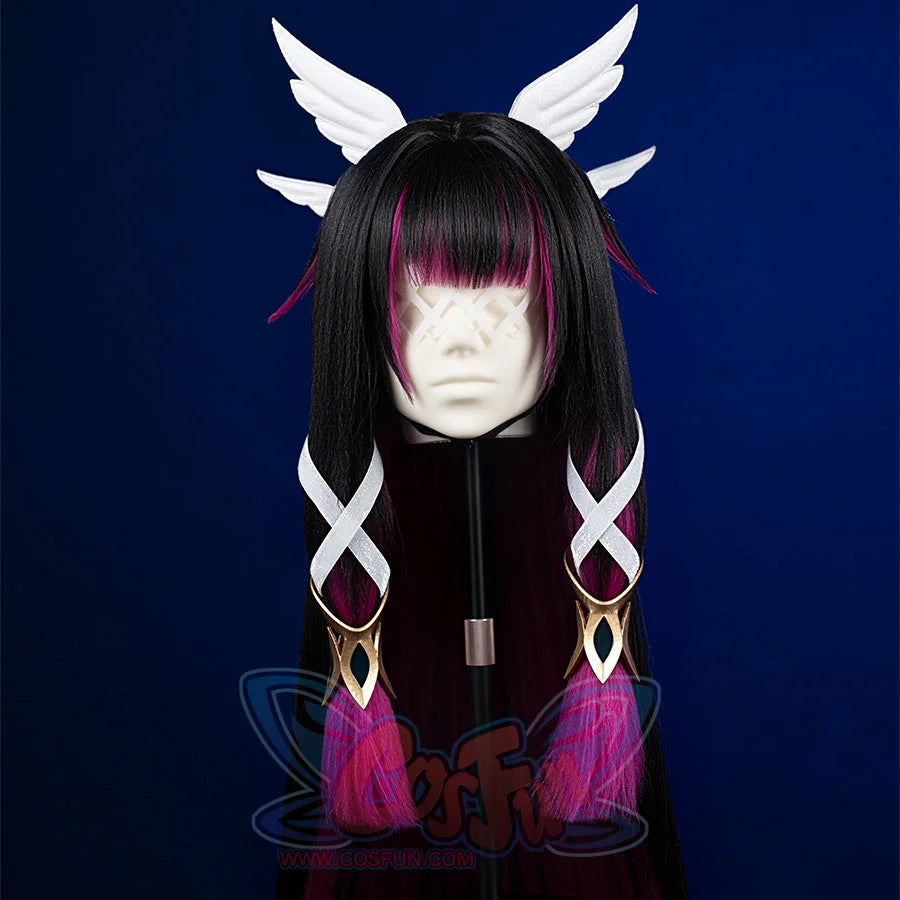 Genshin Impact Columbina cosplay headpiece anchors wing accessories and gold X-shaped ribbons to a dark wig.
