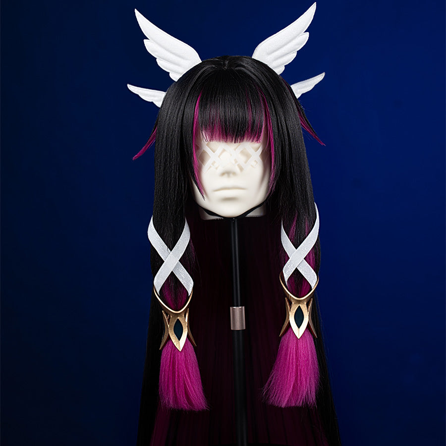 Columbina cosplay costume headpiece with black wig, white wing accents, and magenta tassel earrings