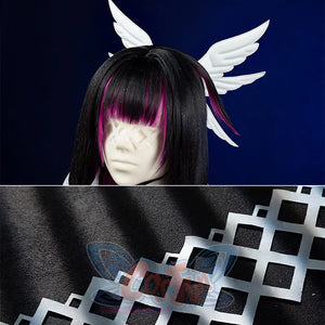 Columbina cosplay costume wig detail with magenta highlights and lattice pattern accessory