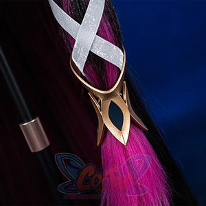 Columbina cosplay costume earring detail featuring gold frame, white ribbon, and magenta tassel
