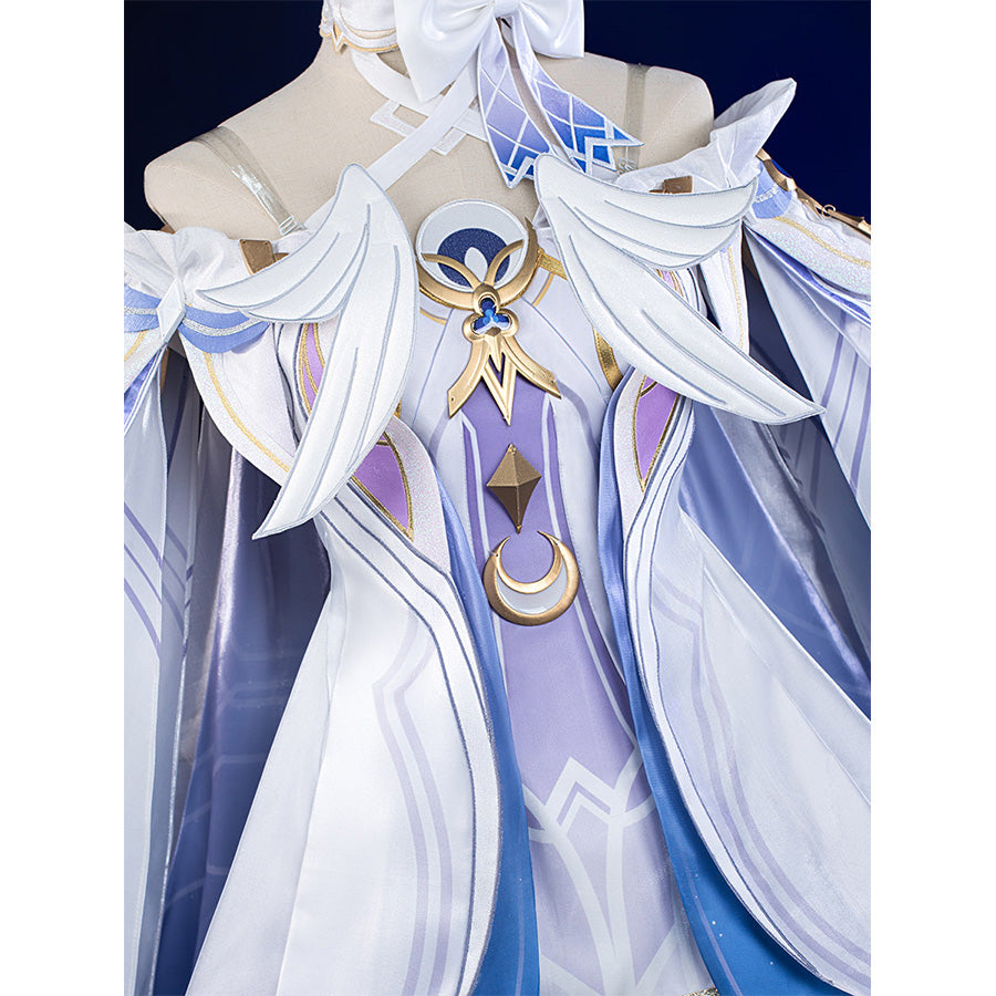 Columbina cosplay costume chest detail with ornate gold brooch and layered purple fabric design