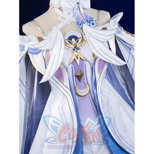 Columbina cosplay costume chest detail with ornate gold brooch and layered purple fabric design