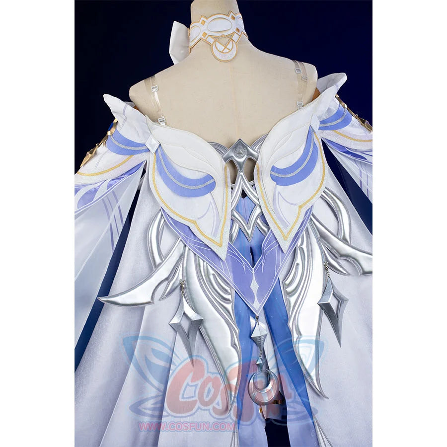 Columbina cosplay costume shoulder and neckline detail with blue wing motifs and silver accents