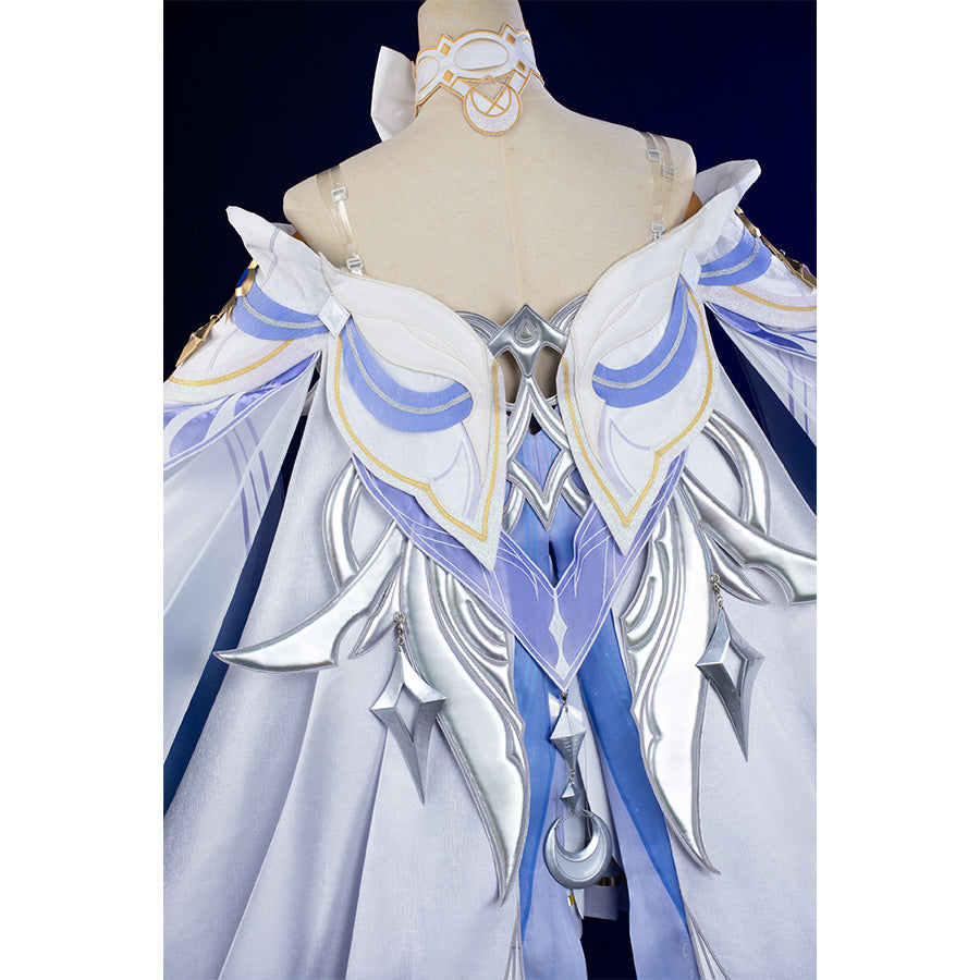 Columbina cosplay costume shoulder and neckline detail with blue wing motifs and silver accents
