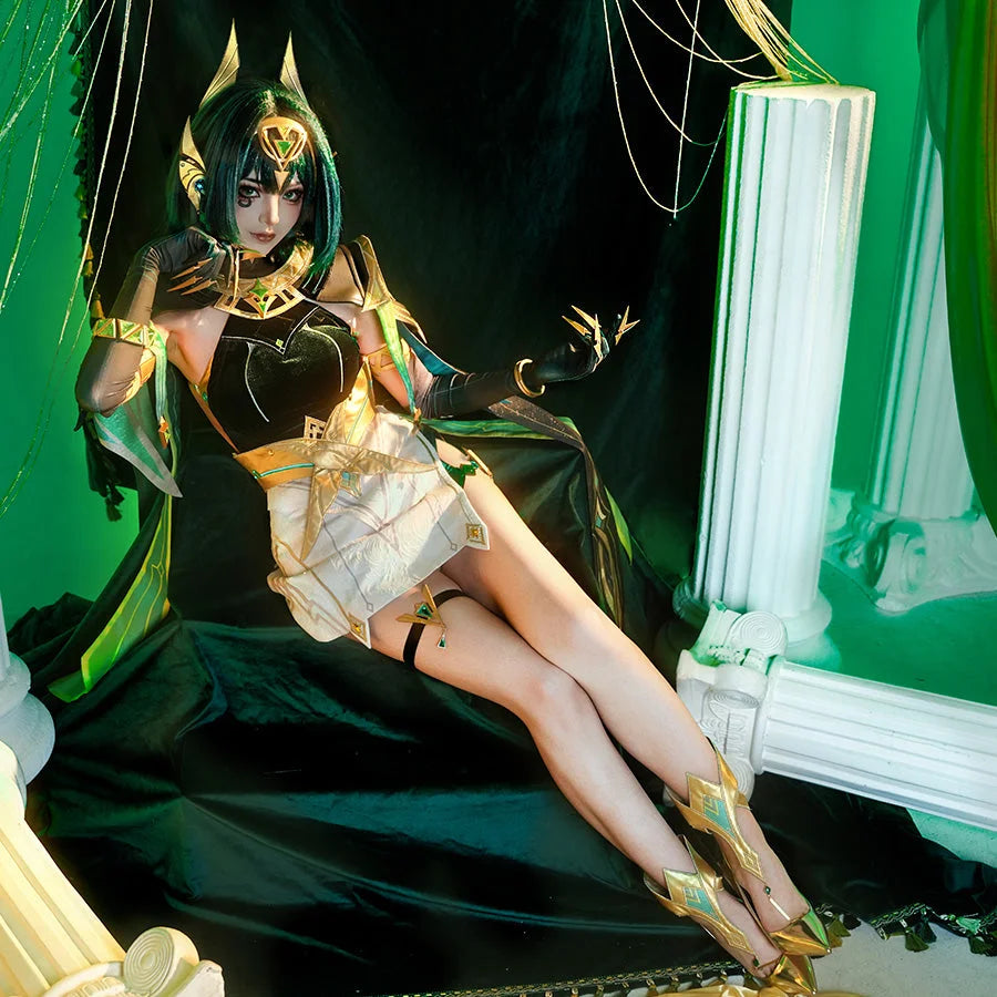 Girl cosplayer: Genshin Impact Nefer Cosplay costume, green and white outfit with rich pattern design.