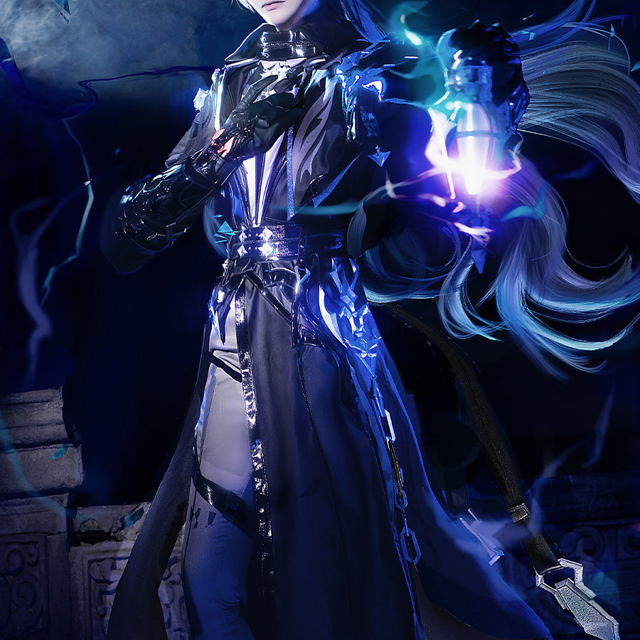 Flins cosplay full-body character photo with model holding a light, detailed costume and atmospheric lighting