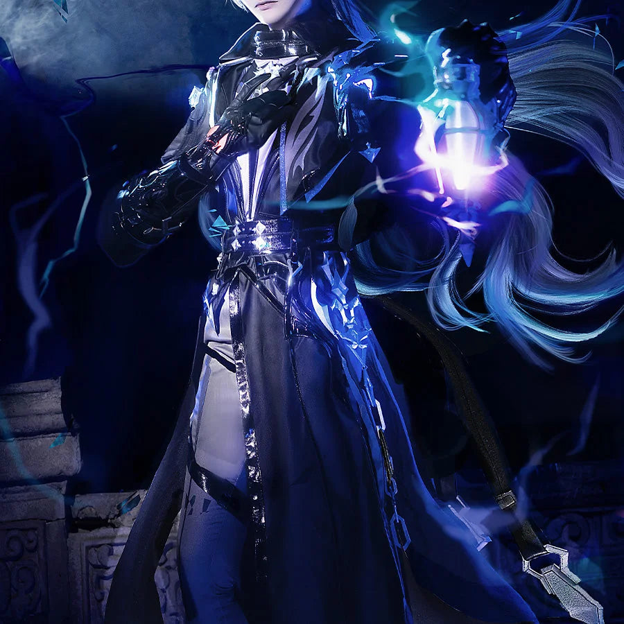 Flins cosplay full-body character photo with model holding a light, detailed costume and atmospheric lighting