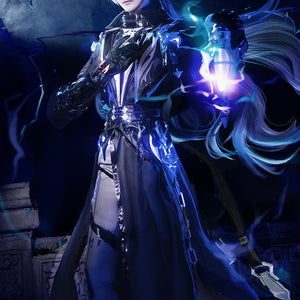 Flins cosplay full-body character photo with model holding a light, detailed costume and atmospheric lighting