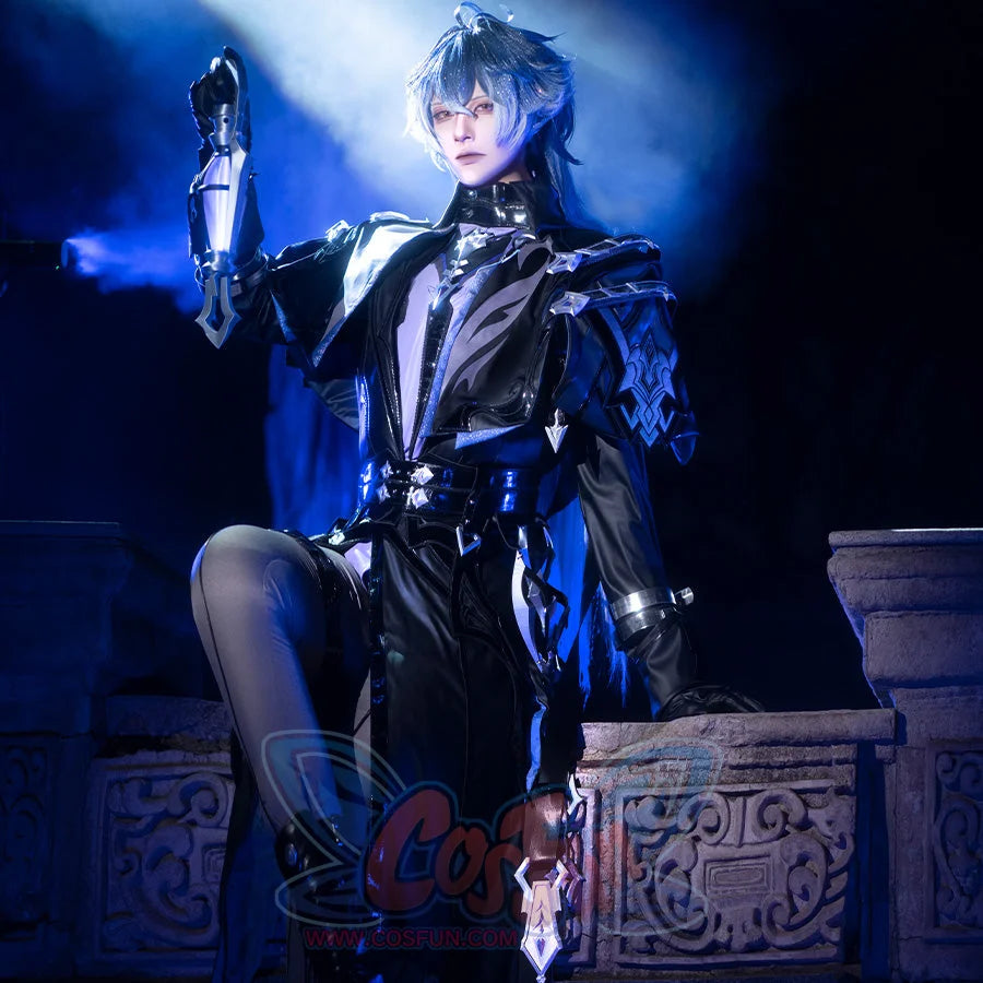 Flins cosplay full-body character photo with model standing beside a stone decorative column, fantasy cosplay style