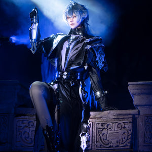 Flins cosplay full-body character photo with model standing beside a stone decorative column, fantasy cosplay style