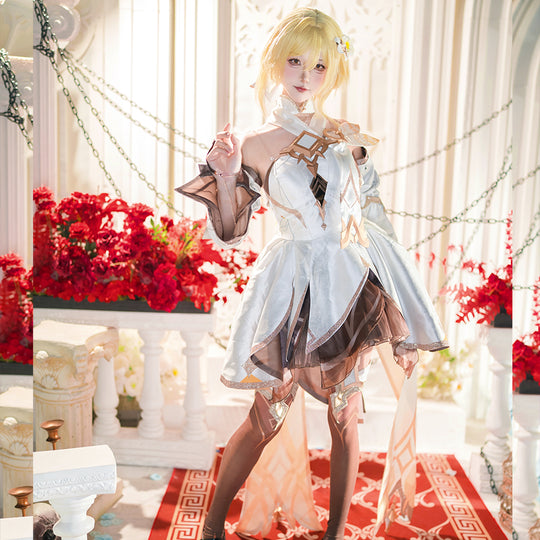 Genshin Impact Traveler Lumine cosplay dress frames a diamond bodice accent beside bell sleeves and a layered hem.