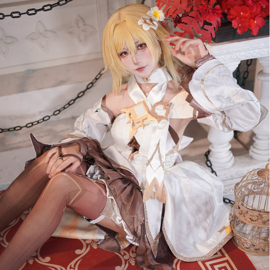 Genshin Impact Traveler Lumine cosplay dress anchors a large back-tied ribbon over brown ruffled layers and gold neckpiece.