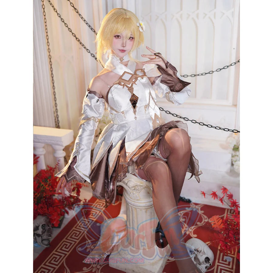 Genshin Impact Traveler Lumine cosplay set pairs off-the-shoulder long gloves with flower earring accessories and stockings.