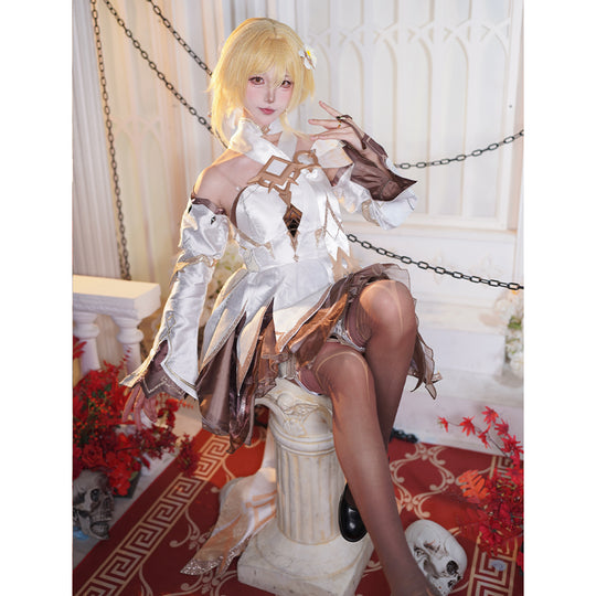 Genshin Impact Traveler Lumine cosplay set pairs off-the-shoulder long gloves with flower earring accessories and stockings.