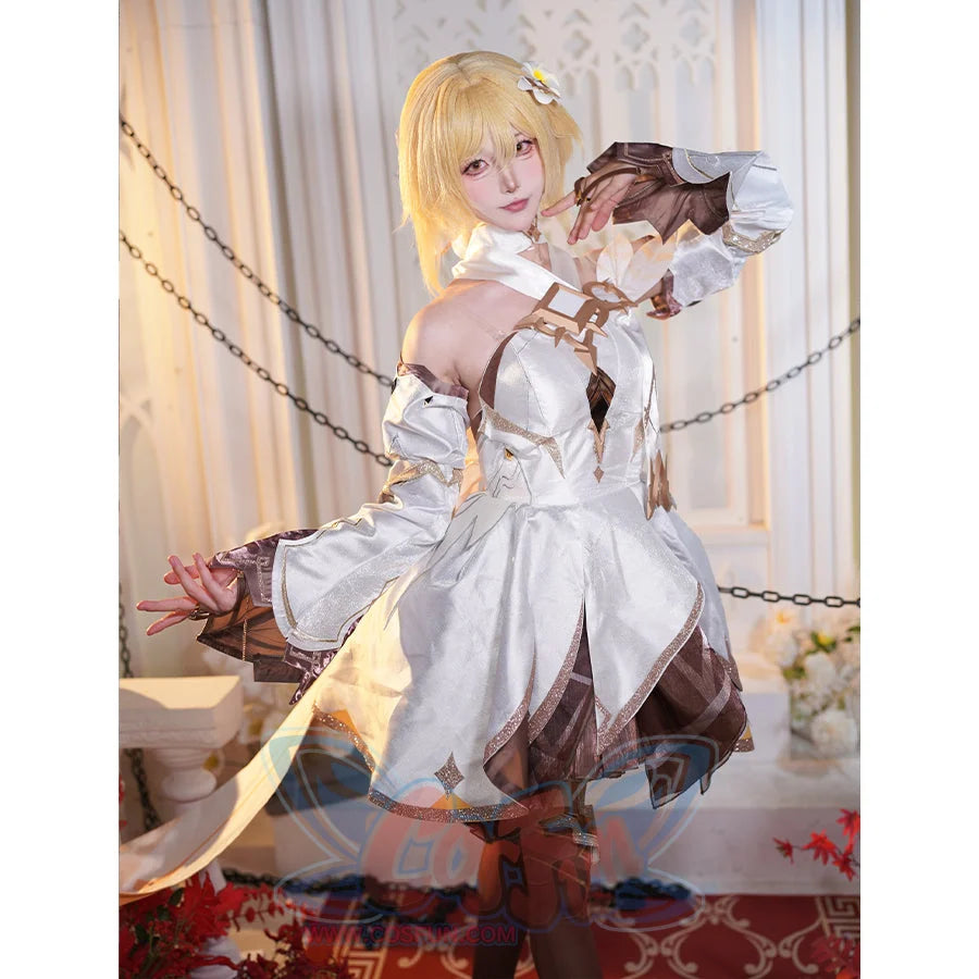 Genshin Impact Traveler Lumine cosplay dress layers detached brown and white bell sleeves over a sleeveless gold-trimmed.