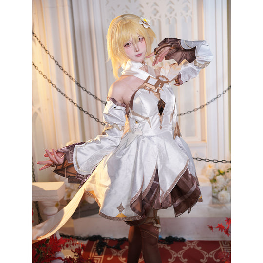 Genshin Impact Traveler Lumine cosplay dress layers detached brown and white bell sleeves over a sleeveless gold-trimmed.