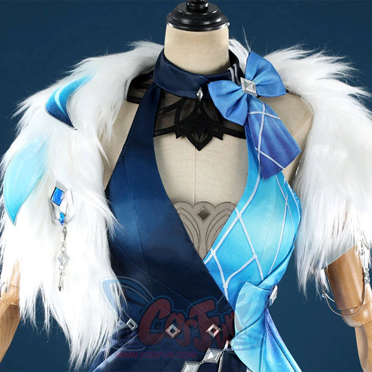 Yelan Cosplay Costume close-up showing Tranquil Banquet top with blue bow, white fur collar, and decorative chains