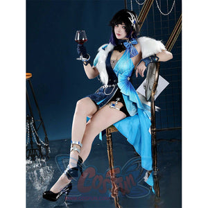 Yelan Cosplay Costume seated pose with wine glass showcasing elegant Tranquil Banquet outfit details