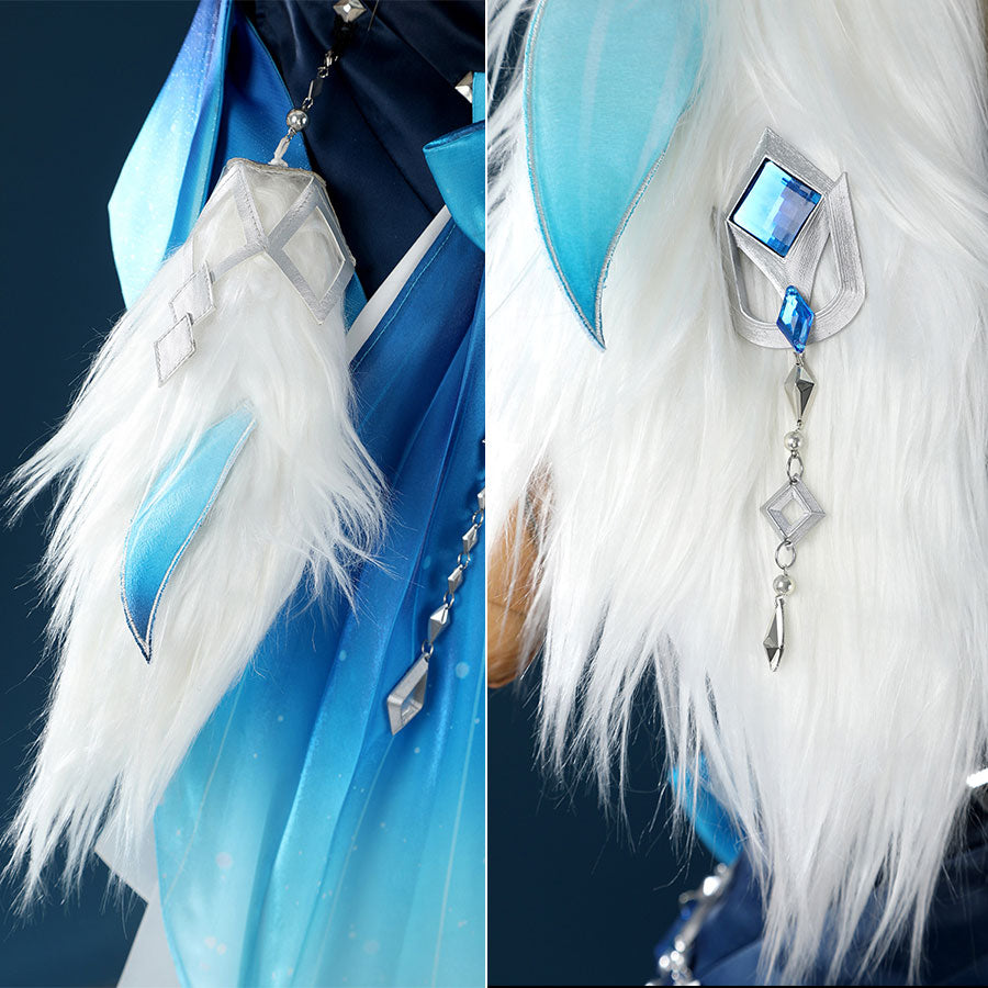 Yelan Cosplay Costume white fur trim and silver chain details for Tranquil Banquet outfit