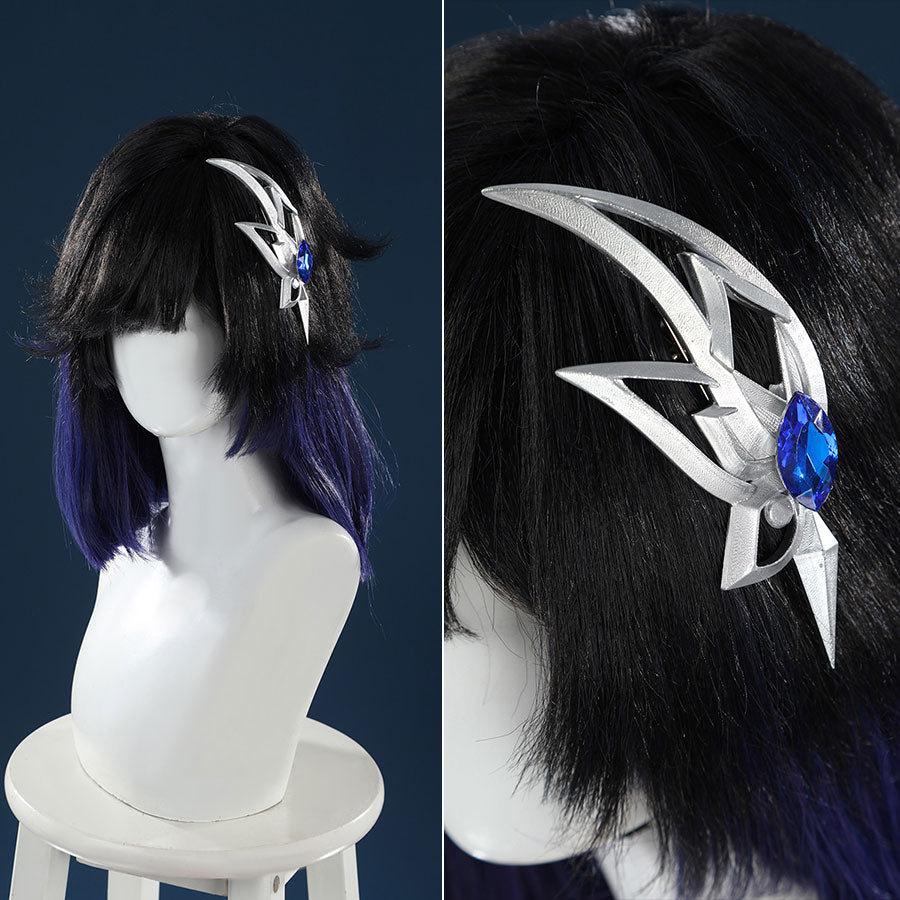 Yelan Cosplay Costume wig featuring black and blue gradient hair with silver decorative hairpin accessory