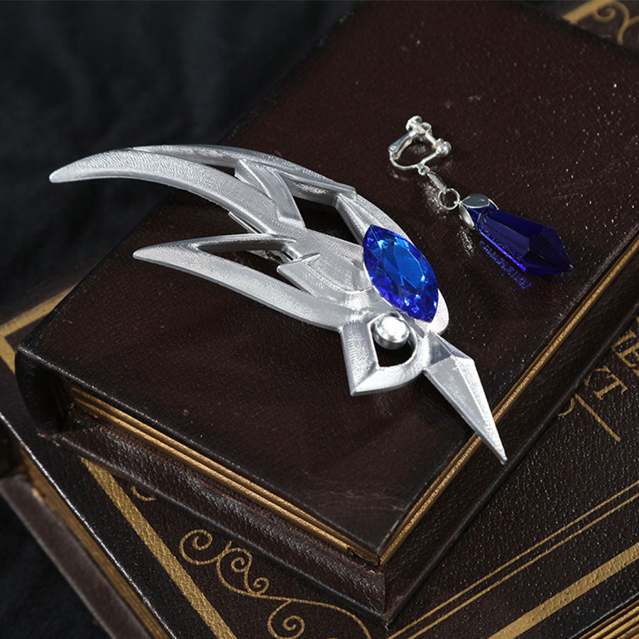 Yelan Cosplay Costume silver hairpin accessory detail with blue gem for Tranquil Banquet outfit