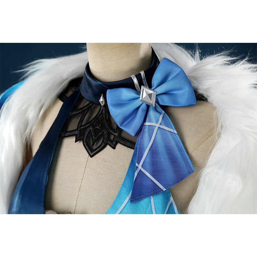 Yelan Cosplay Costume detailed view of blue bow tie and black choker for Tranquil Banquet outfit