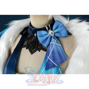 Yelan Cosplay Costume detailed view of blue bow tie and black choker for Tranquil Banquet outfit