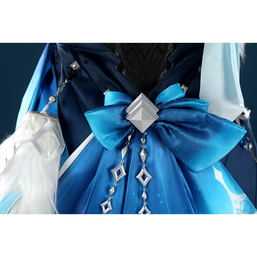 Yelan Cosplay Costume waist detail showing blue bow and silver chain decorations for Tranquil Banquet outfit