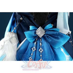 Yelan Cosplay Costume waist detail showing blue bow and silver chain decorations for Tranquil Banquet outfit