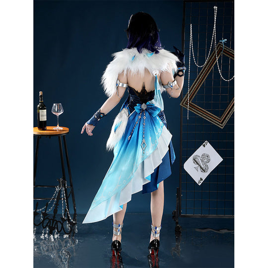 Yelan Cosplay Costume back view highlighting white fur collar and blue Tranquil Banquet dress details