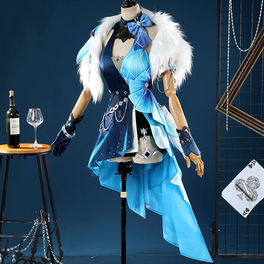 Yelan Cosplay Costume side view on mannequin featuring flowing blue Tranquil Banquet dress and white fur