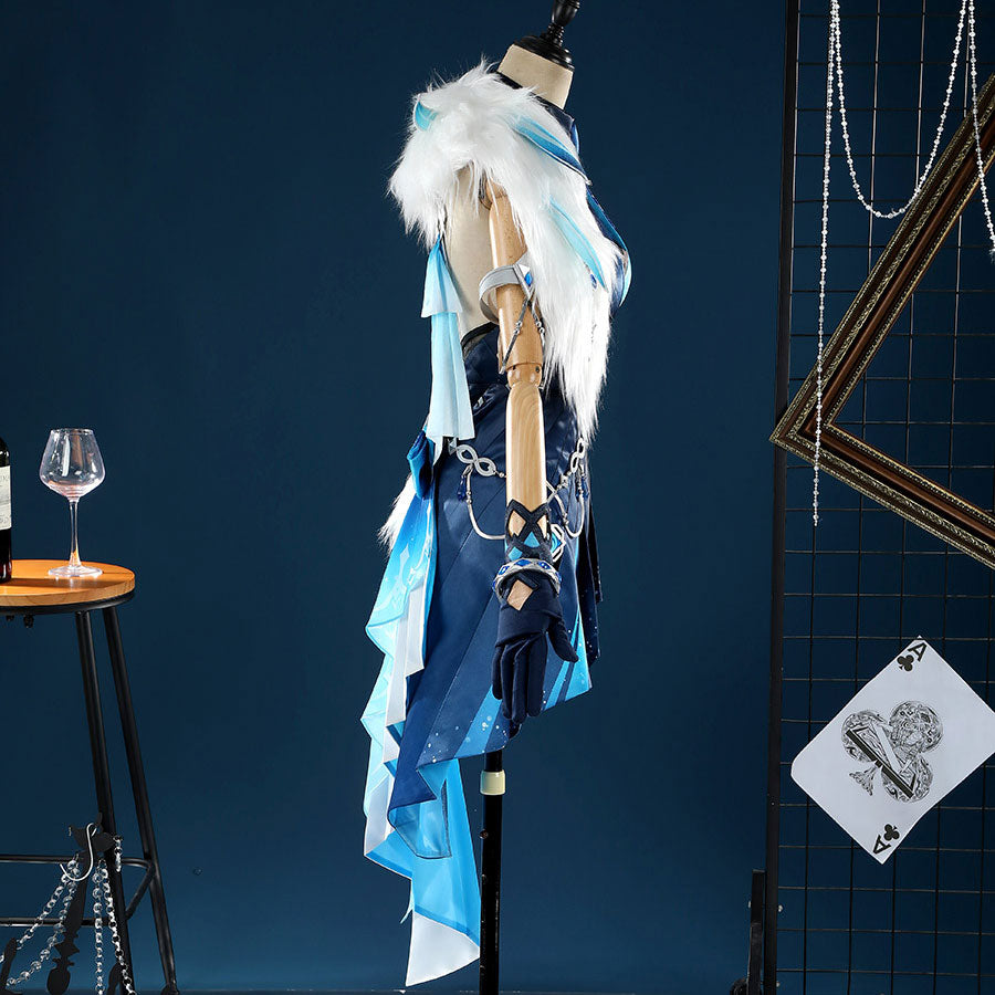 Yelan Cosplay Costume alternate side angle showing Tranquil Banquet outfit details and flowing fabric