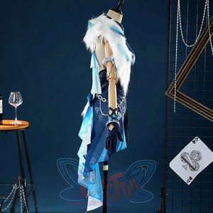 Yelan Cosplay Costume alternate side angle showing Tranquil Banquet outfit details and flowing fabric