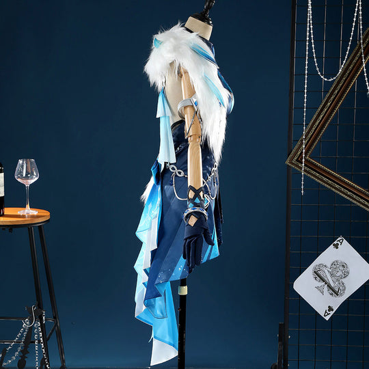 Yelan Cosplay Costume alternate side angle showing Tranquil Banquet outfit details and flowing fabric