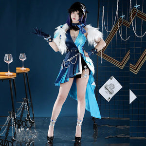 Yelan Cosplay Costume full body view featuring blue and white Tranquil Banquet outfit with fur collar and accessories