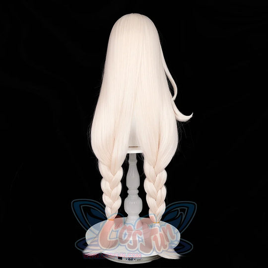 Alice cosplay wig back view showing long beige hair styled into two thick braids with straight length