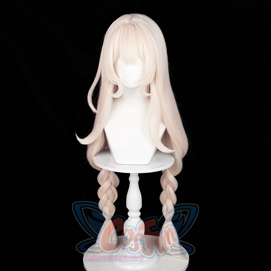 Genshin Impact Alice Cosplay Wig, beige long hair, neatly styled into two braids.